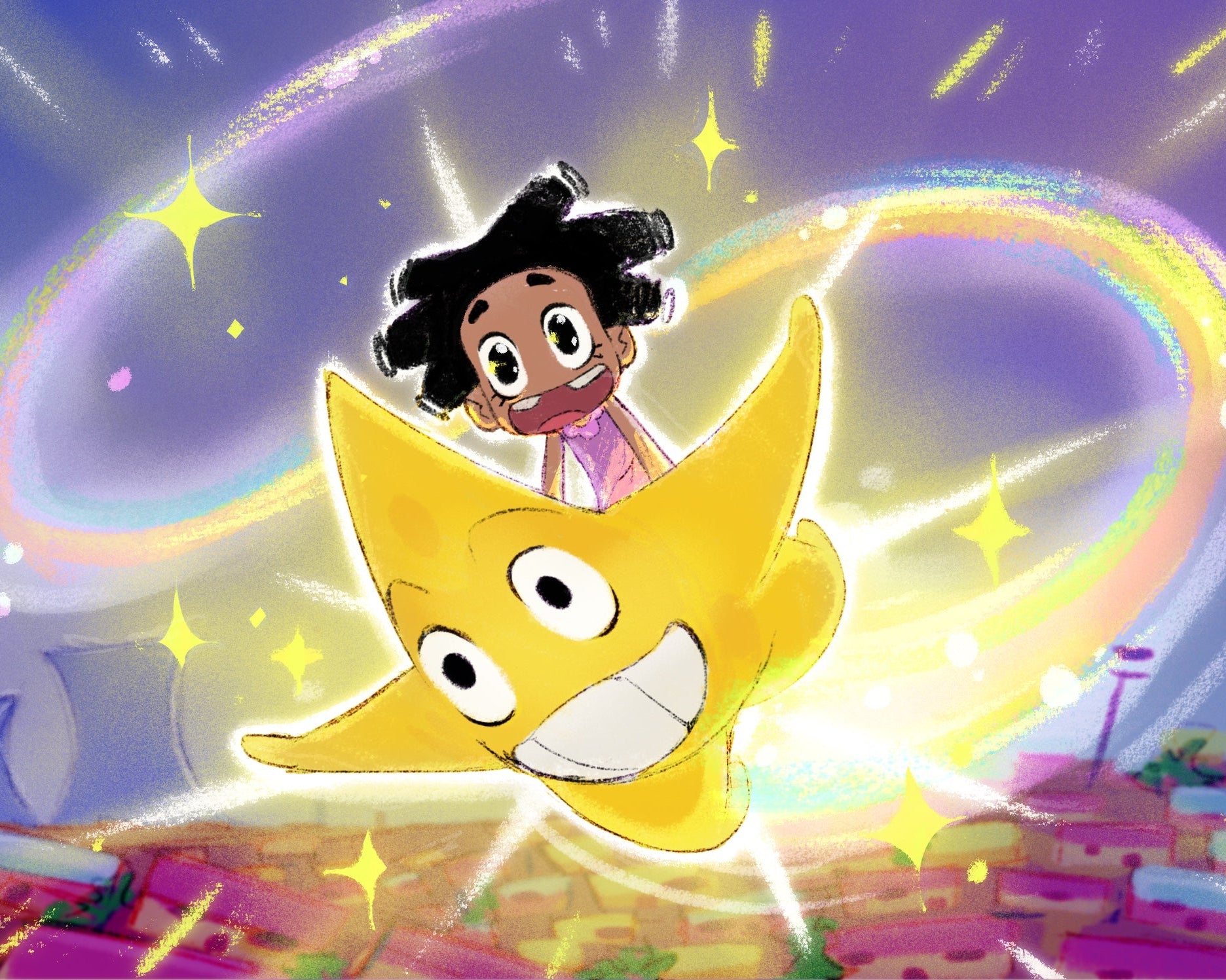 Mbali on a yellow star with a colourful background